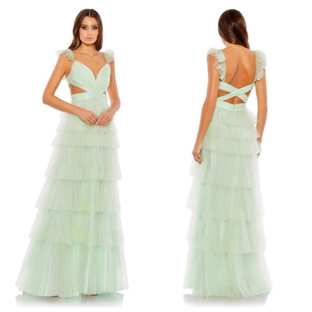 NWT Mac Duggal Mint Ruffle Tiered Tulle Cut Out Gown, Style 60670